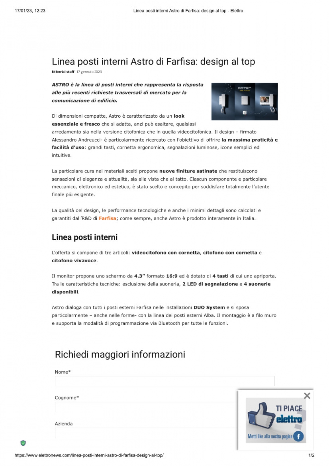 Linea posti interni Astro di Farfisa - design al top