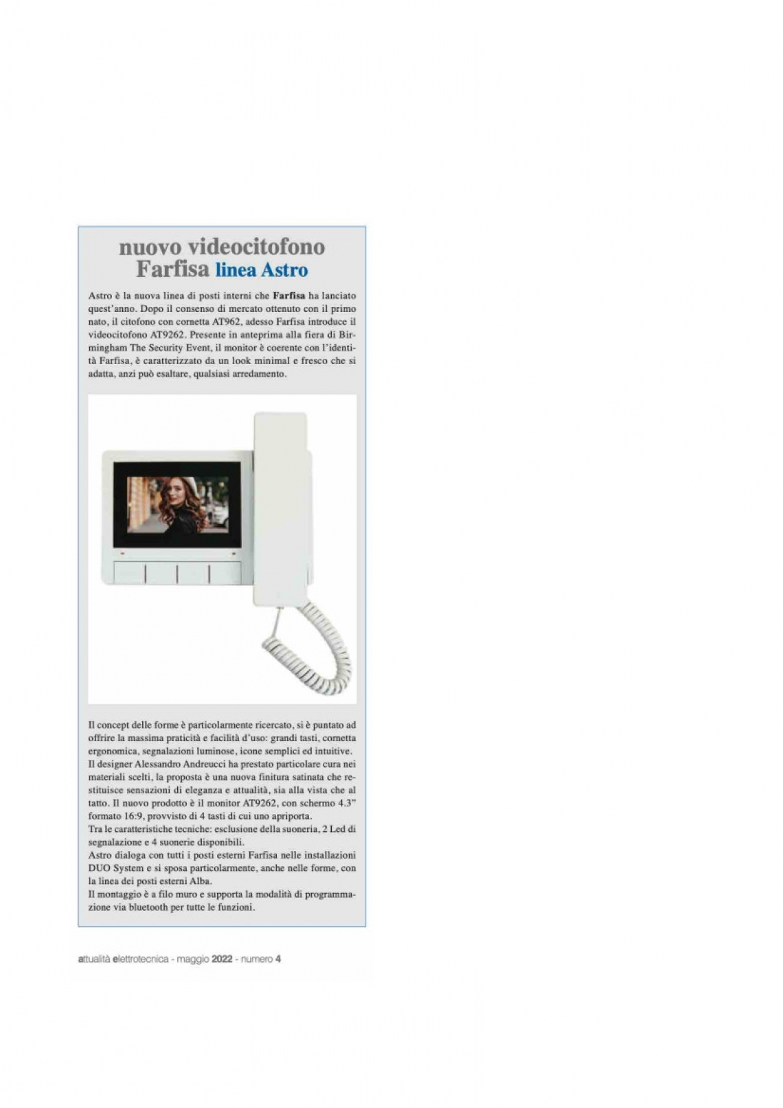 Nuovo videocitofono Farfisa linea Astro